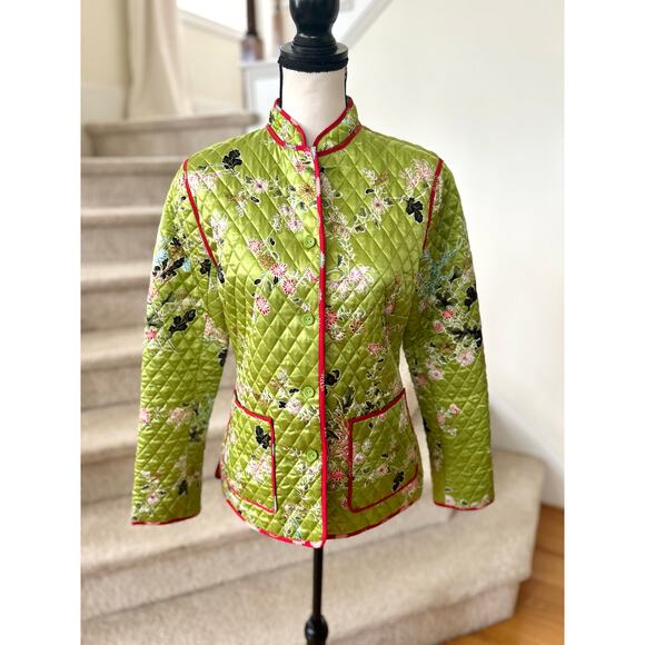 Anne Carson Lime Green Chinoiserie Asian Floral Quilted Silk Jacket - Picture 1 of 7